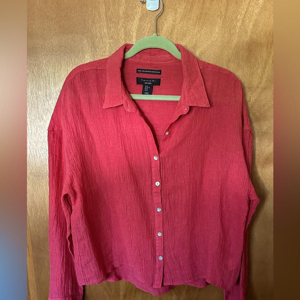 Tahari, gauze button down blouse.